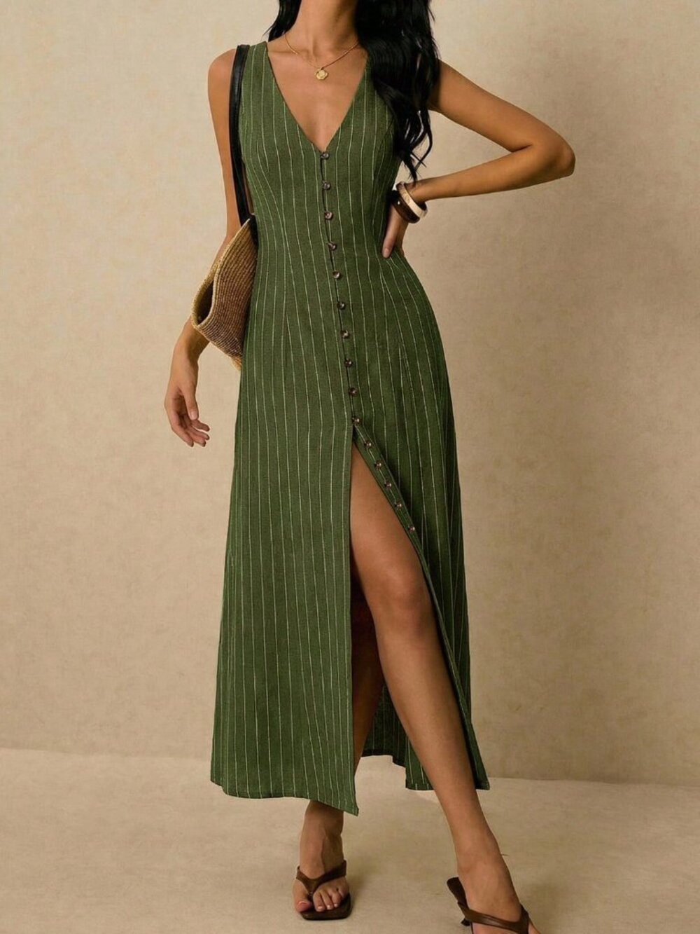 Army Green Casual Women's Striped Single-Breasted V-Neck Sleeveless Dress - Picture 3 of 7